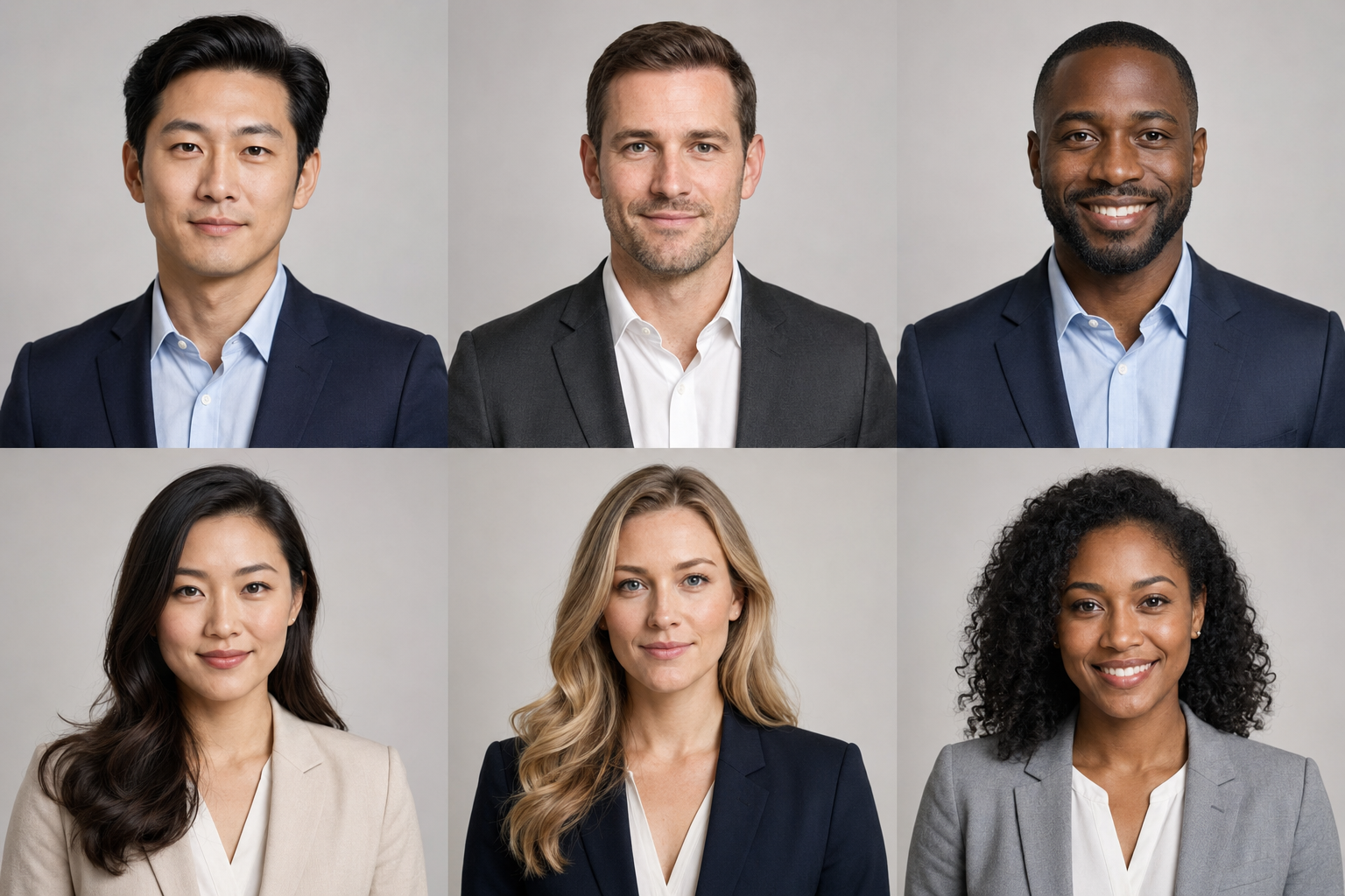 AI-generated examples of professional headshot styles across a range of people.